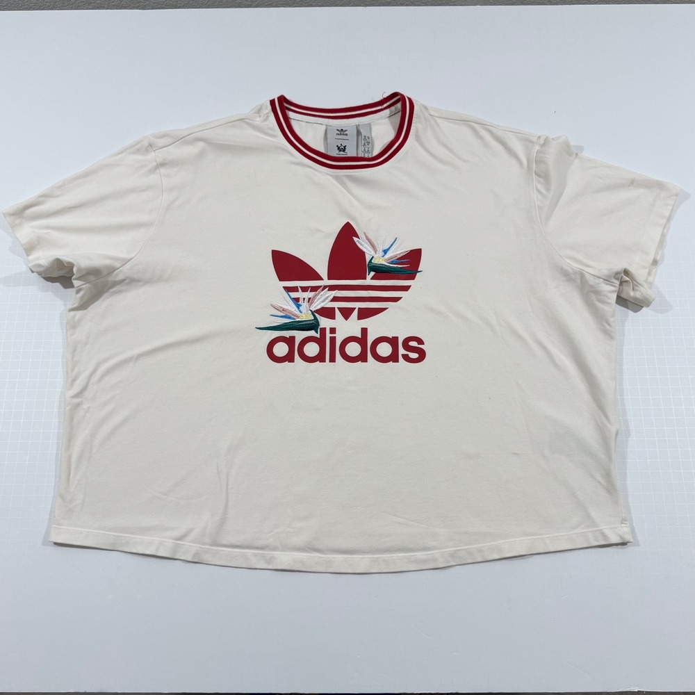 Adidas T-Shirt Womens 1X Cream Thebe Magugu Floral Trefoil Crop Tee HK5220